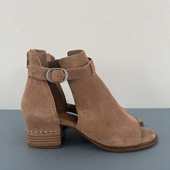 Chelsea & Violet Hendricks Suede Tan Peep Toe Cut Out Heel Shooties - Picture 3 of 8